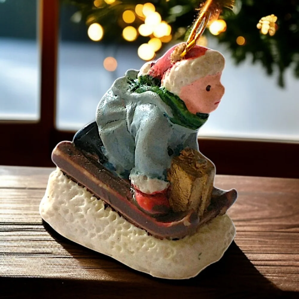 Vintage Victorian Child‎ On Sled Ornament Mini Micro Diorama Christmas Porcelain